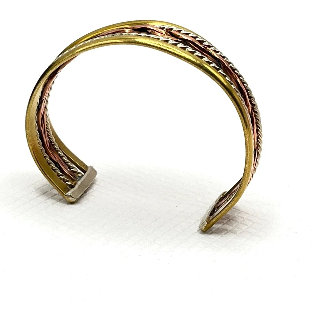 Vintage Copper Tri-Tone Braided Rope Cuff Bracelet w/ Gold and Silver Tone